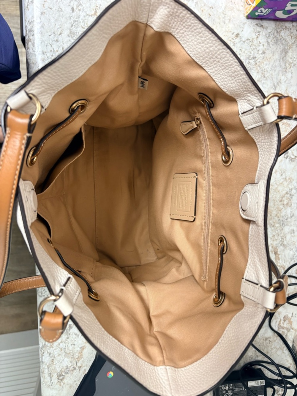 Coach Cream Leather Tote with Brown Shoulder Straps - Picture 5 of 5